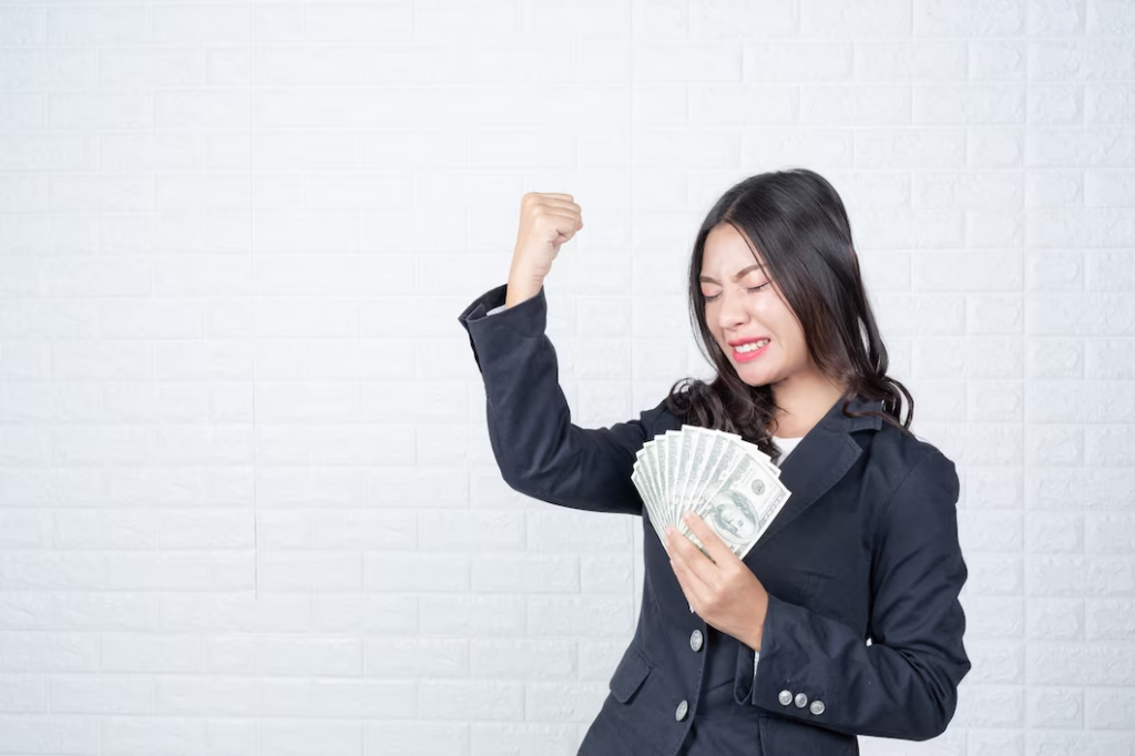 business-woman-holding-banknote-cash-separately-white-brick-wall-made-gestures-with-sign-language
